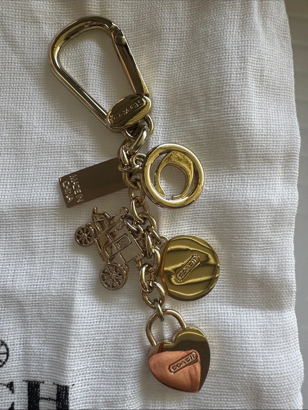 Coach Gold-Tone Multi Charm Keychain with Pink Heart and Red Tag